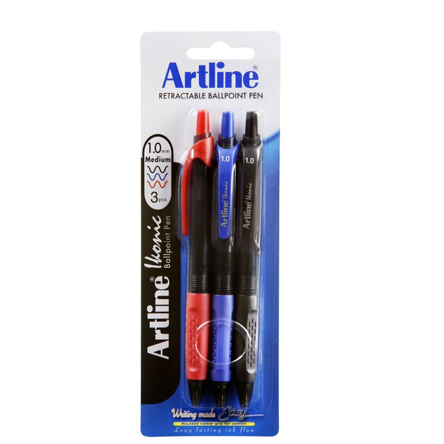 Artline Ikonic BPP retractable pens in assorted colors with ergonomic grip for smooth, comfortable writing.