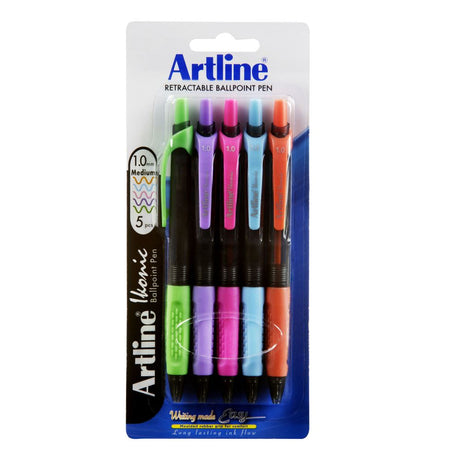 Artline Ikonic Bpp Retractable Grip pens in vibrant colors, ergonomic design for comfortable, smooth writing and creativity.