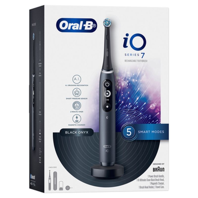 Braun Oral-B iO Series 7 Electric Toothbrush in Black Onyx with AI guidance and pressure sensor for optimal oral care.