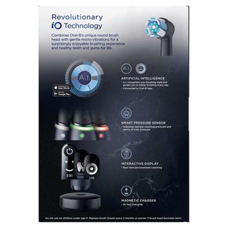 Braun Oral-B iO Series 7 electric toothbrush in Black Onyx, featuring AI recognition, pressure sensor, and 2-minute timer for optimal care.