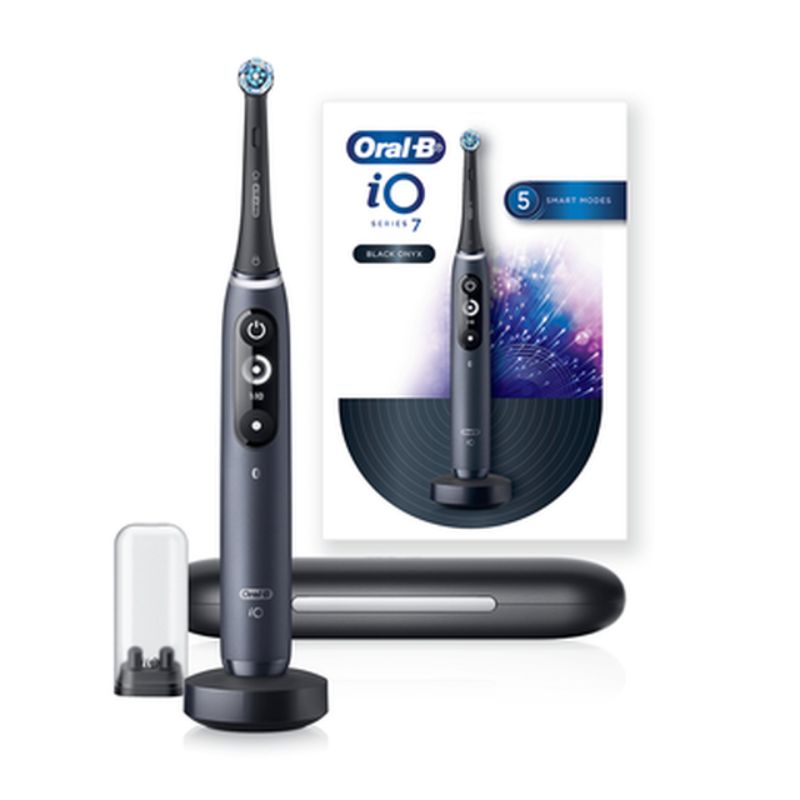 Braun Oral-B iO Series 7 Electric Toothbrush in Black Onyx with smart pressure sensor and AI-guided display for optimal cleaning.