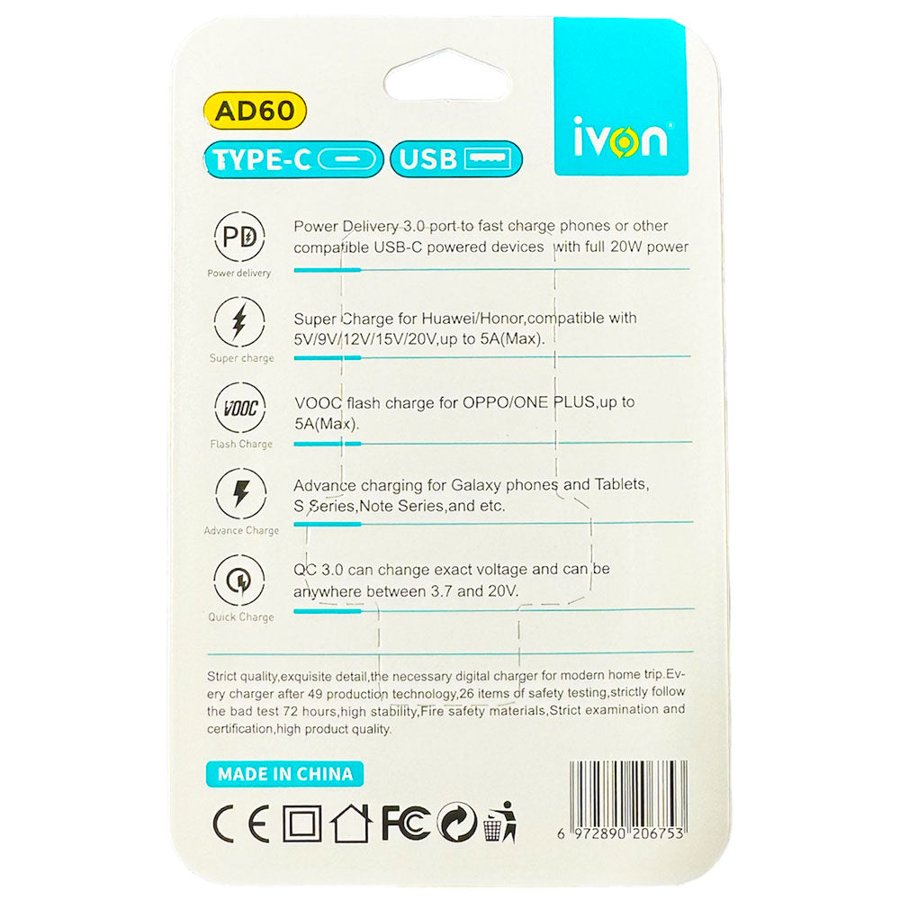 IVON AD60 Fast Charger USB A + C