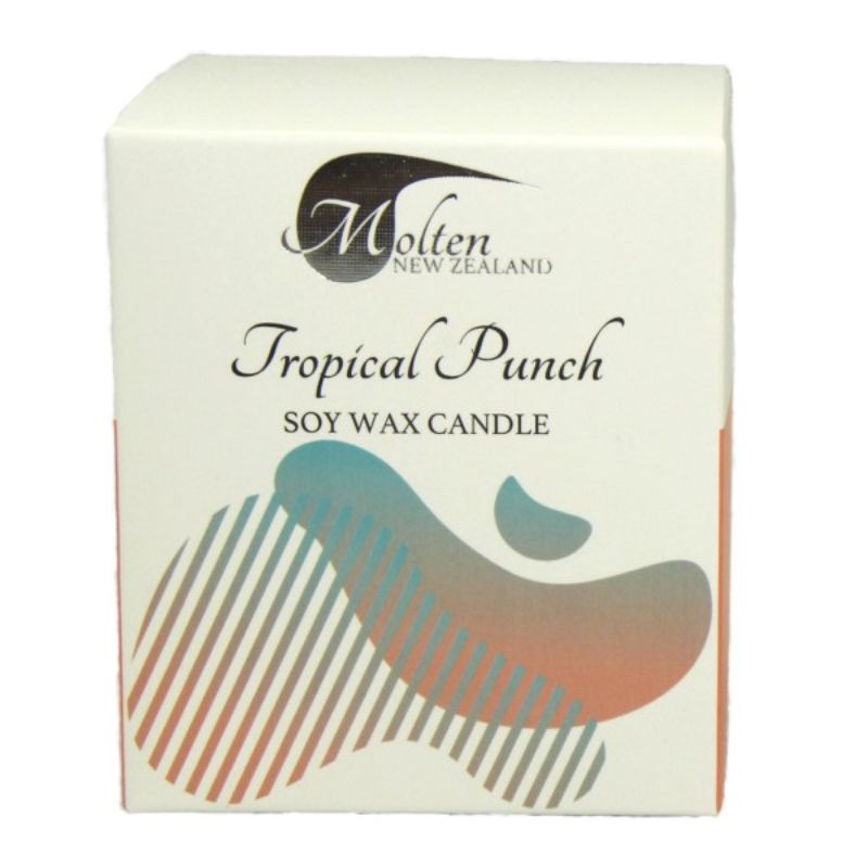 Tropical Punch Soy Candle in a printed box, 10oz, with vibrant fruit scent for a warm, inviting atmosphere.