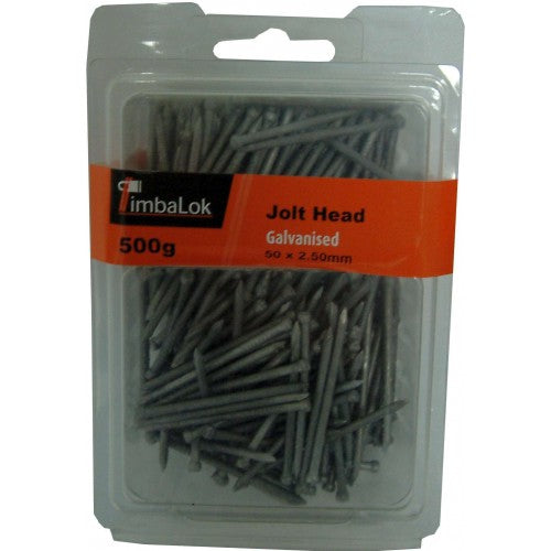 Jolt Head Galv Nails 500gm, 50mm x 2.5mm, hot dip galvanised steel for strong, rust-resistant fastening in various projects.