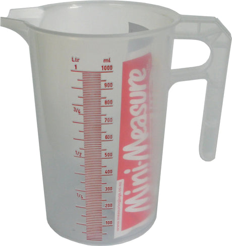 1-litre plastic measuring jug with spout, durable for hot and cold liquids, ideal for cooking and lab use.