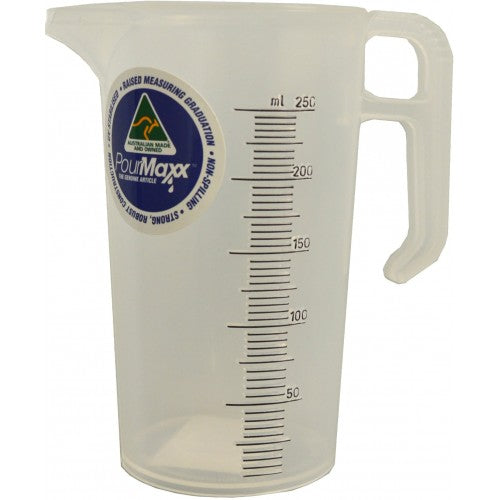 Compact 250 mL measuring jug with 'V' spout for precise pouring, ergonomic handle, and raised graduations.