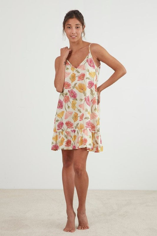 Elegant green nightie from BAKSANA with poppy design, 'v' neck, adjustable straps, and frilled hem, made from soft cotton voile.