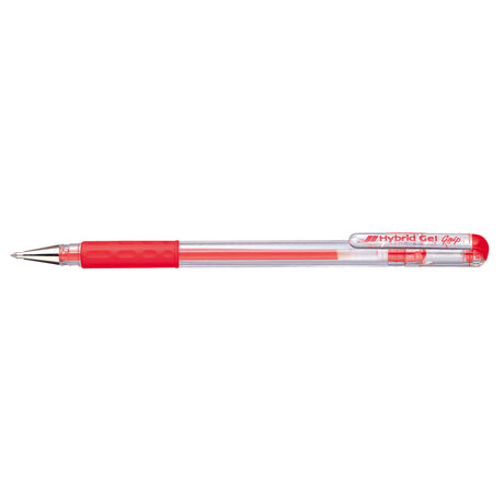 Set of 12 PENTEL Hybrid Gel Grip Red Pens, 0.6mm tip, waterproof, fade-resistant, with ergonomic grip and pocket clip.