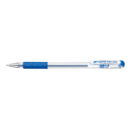PENTEL Hybrid Gel Grip 0.6mm blue roller pens, 12-pack, featuring waterproof ink and ergonomic design for comfortable writing.