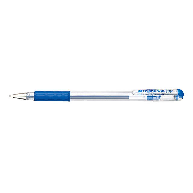 PENTEL Hybrid Gel Grip 0.6mm blue roller pens, 12-pack, featuring waterproof ink and ergonomic design for comfortable writing.