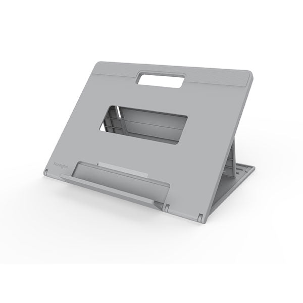 Adjustable Kensington Easy Riser Go laptop stand elevates screens for ergonomic comfort and improved air circulation.