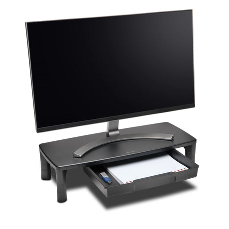 Kensington SmartFit monitor stand with A4 drawer, adjustable height for ergonomic comfort, fits monitors up to 30 inches.