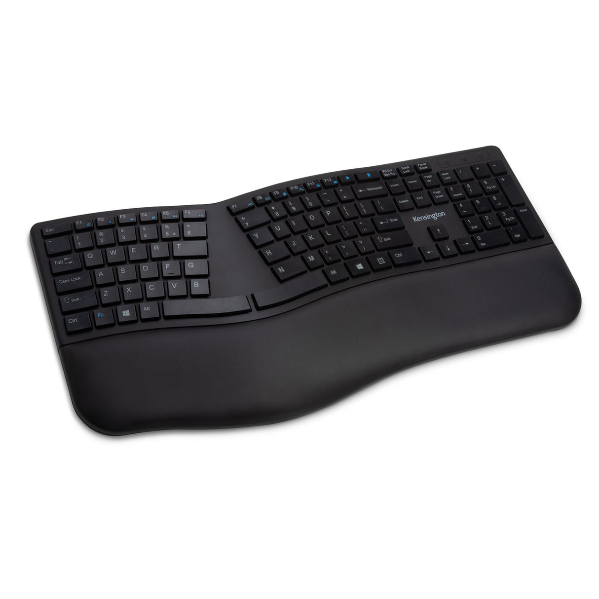 KENSINGTON Dual Wireless Ergo Keyboard in black with split design, built-in wrist rest, dual wireless connectivity, and spill-proof keys.