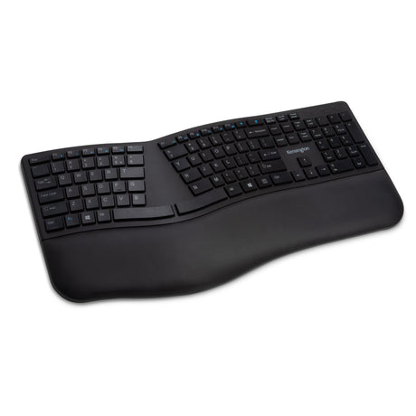 KENSINGTON Dual Wireless Ergo Keyboard in black with split design, built-in wrist rest, dual wireless connectivity, and spill-proof keys.