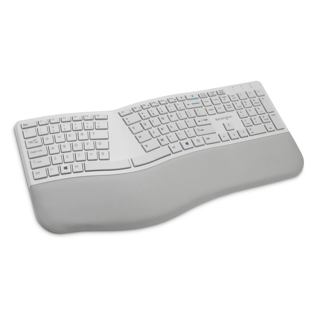 KENSINGTON® Dual Wireless Ergo Keyboard in Grey, featuring ergonomic split design, adjustable tilt, and spill-proof keys.