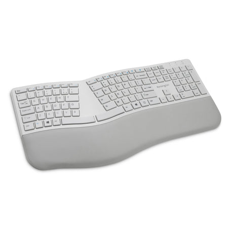KENSINGTON® Dual Wireless Ergo Keyboard in Grey, featuring ergonomic split design, adjustable tilt, and spill-proof keys.