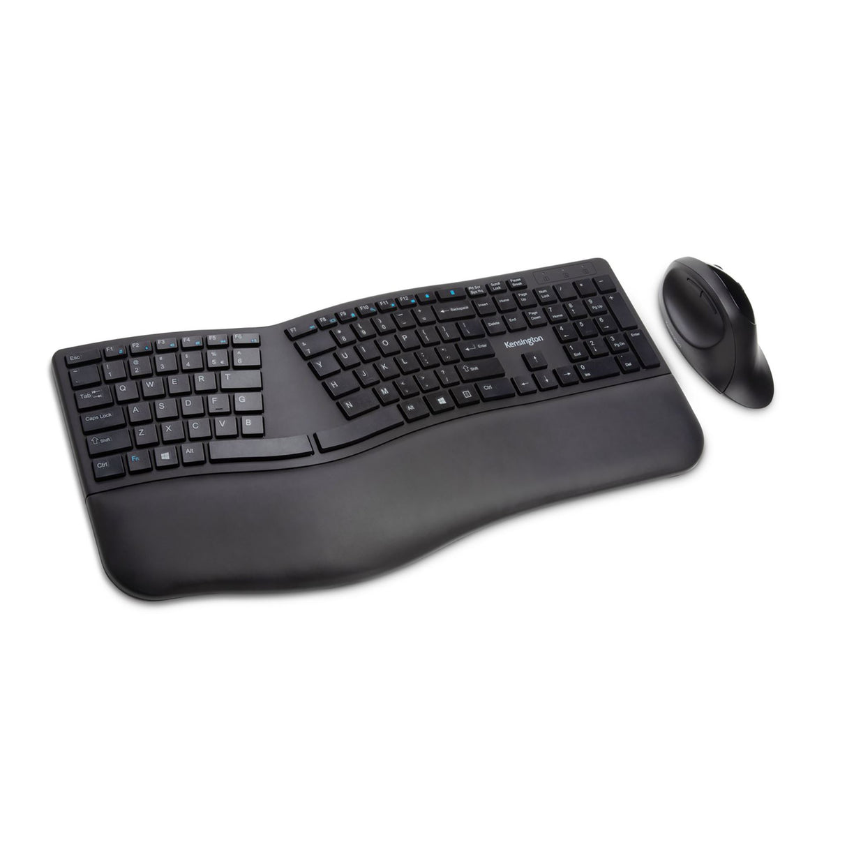 KENSINGTON® Dual Wireless Ergo Desktop Set in black, featuring ergonomic split keyboard, adjustable tilt, and wrist support.