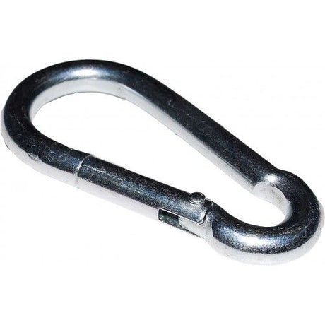Durable zinc plated steel pear shape karabiners, 5 x 50 mm, designed for secure attachments in climbing and DIY projects.