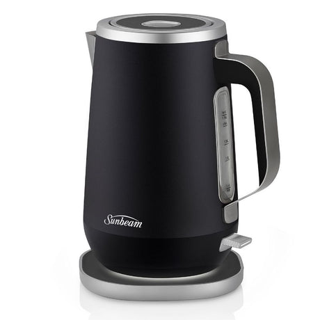 Elegant black 1.7L Sunbeam KYOTO CITY Jug Kettle with minimalist Japanese design and subtle illumination for boiling water.