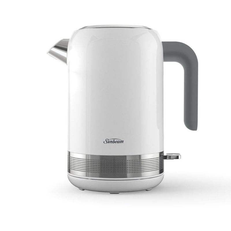 White Sunbeam SIMPLY SHINE kettle, 1.7L capacity, glossy finish, handle-activated lid, ideal for tea and modern kitchens.