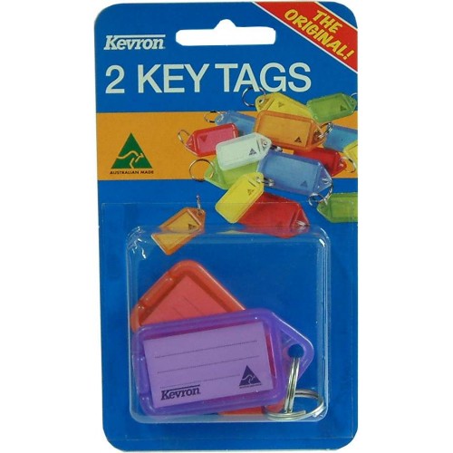 Set of 2 colorful key tag holders featuring easy label insertion and durable stainless steel keyrings for organized key management.