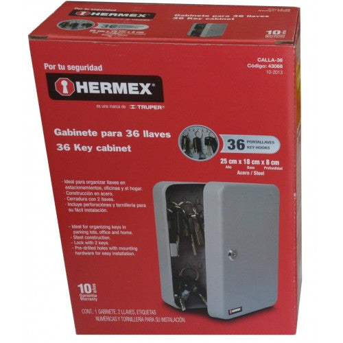 Lockable key locker with 36 hooks for secure, organized key management in homes and offices. Durable steel construction.