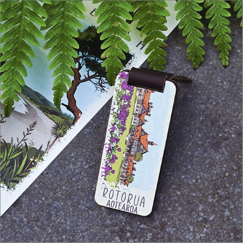 Bamboo Keyring Printed: Rotorua 1 (museum) Keyrings + Keychains