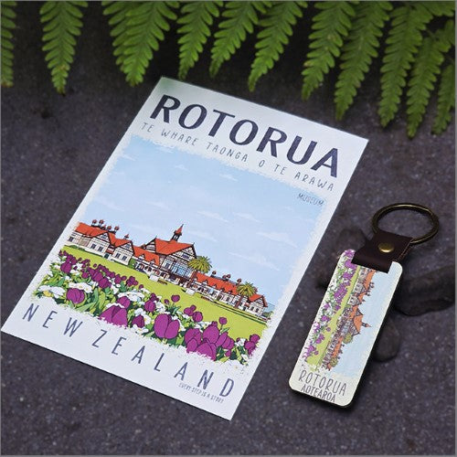 Bamboo Keyring Printed: Rotorua 1 (museum) Keyrings + Keychains