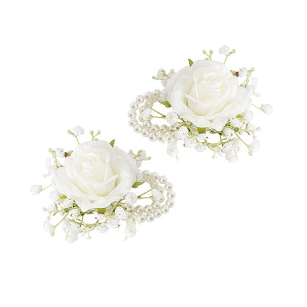 Artificial / Faux Flower - Rose & Baby's Breath Corsage Bracelet Pack 2 White