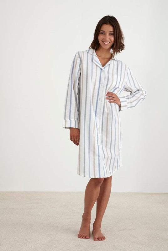 LENNIE XL cotton nightshirt with multi-colour stripes, long sleeves, button-up design, ethically made in Turkey.