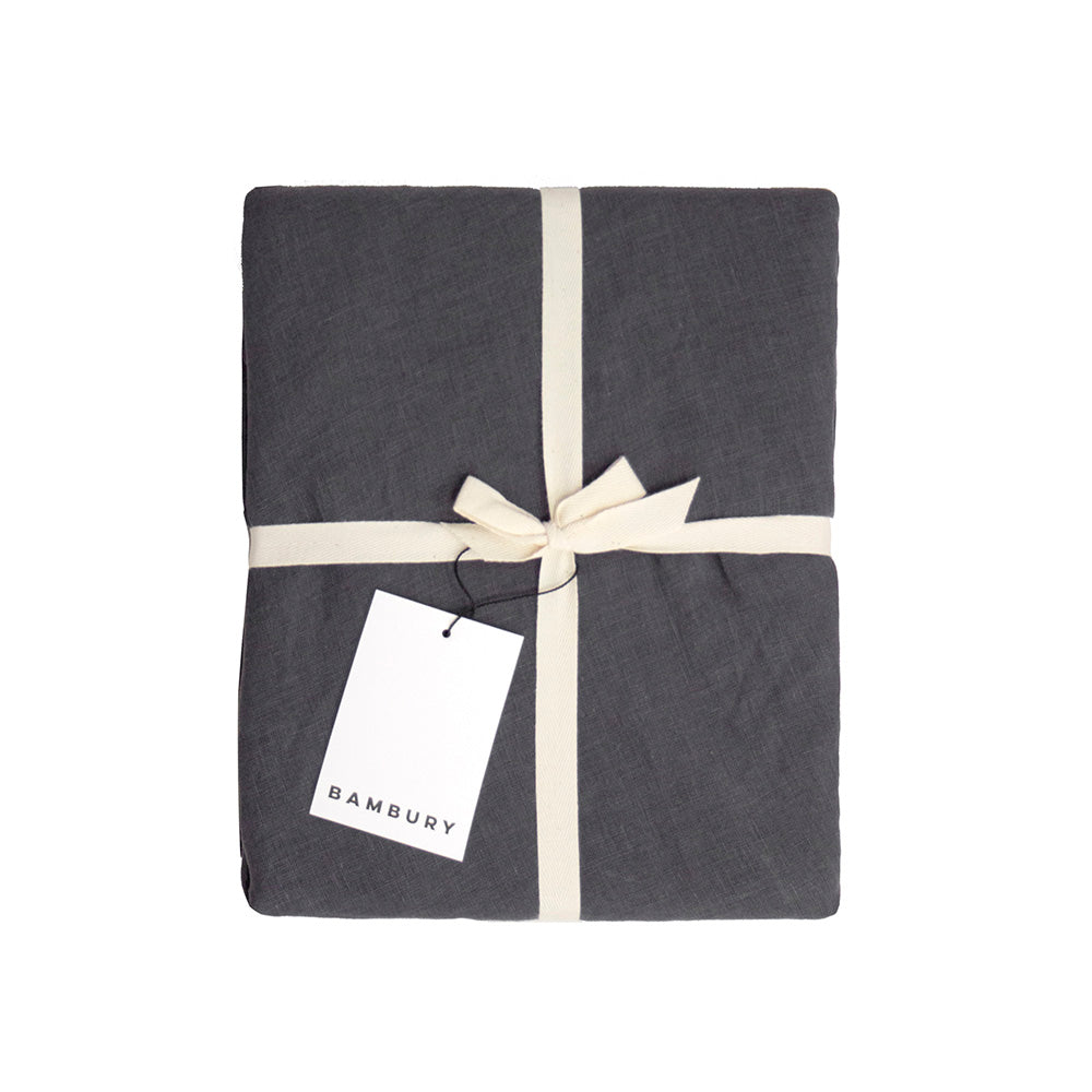 Linen Round Tablecloth in Charcoal, 228cm diameter, crafted from soft, durable French flax for an elegant dining experience.