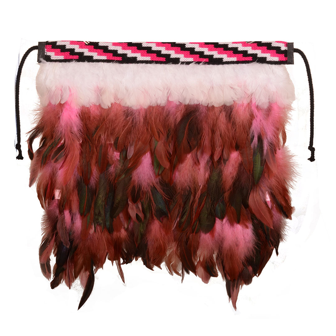 Elegant pink korowai christening garment made of real dyed feathers, featuring Poutama banding, perfect for special occasions.