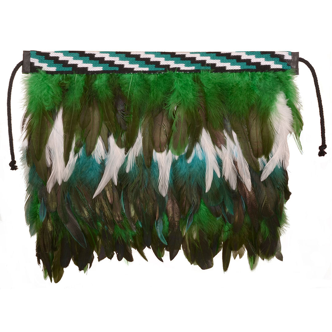 Elegant green Korowai christening cloak for babies, adorned with feathers and featuring a Poutama taniko pattern.