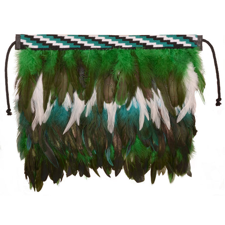 Elegant green Korowai christening cloak for babies, adorned with feathers and featuring a Poutama taniko pattern.