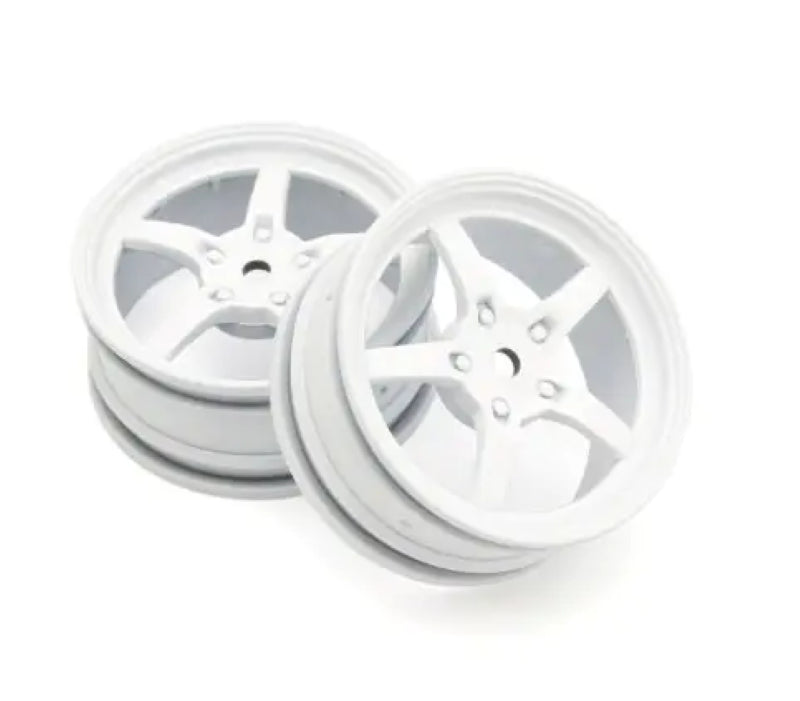 Kyosho 1/10 scale 5-spoke white racing wheels, 24mm, pack of two for enhanced performance and style in RC cars.