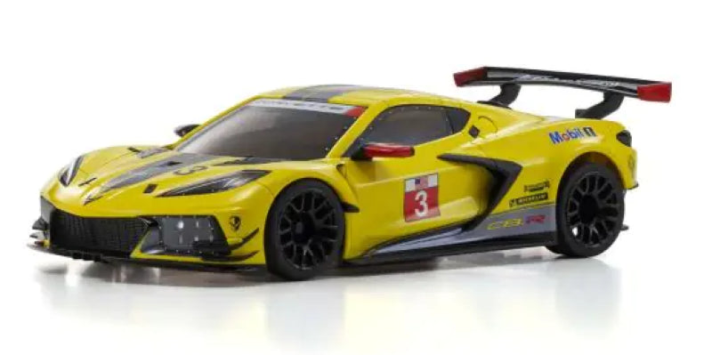 Kyosho MR-03-MM Corvette C8R Ye body shell in vibrant yellow, designed for RC car enthusiasts with stunning detail.