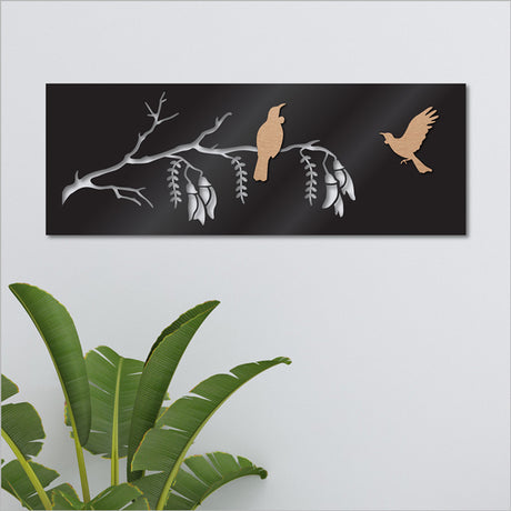 Stunning black and copper wall art featuring Tui Kowhai; durable, lightweight, ideal for indoor and outdoor decor.