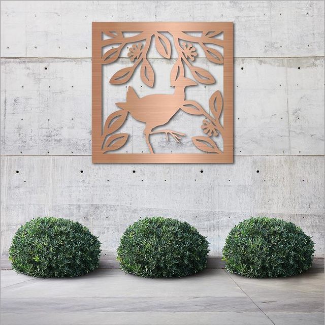 Large square wall art featuring a Fantail bird on brushed copper, perfect for indoor and outdoor Kiwiana decor.