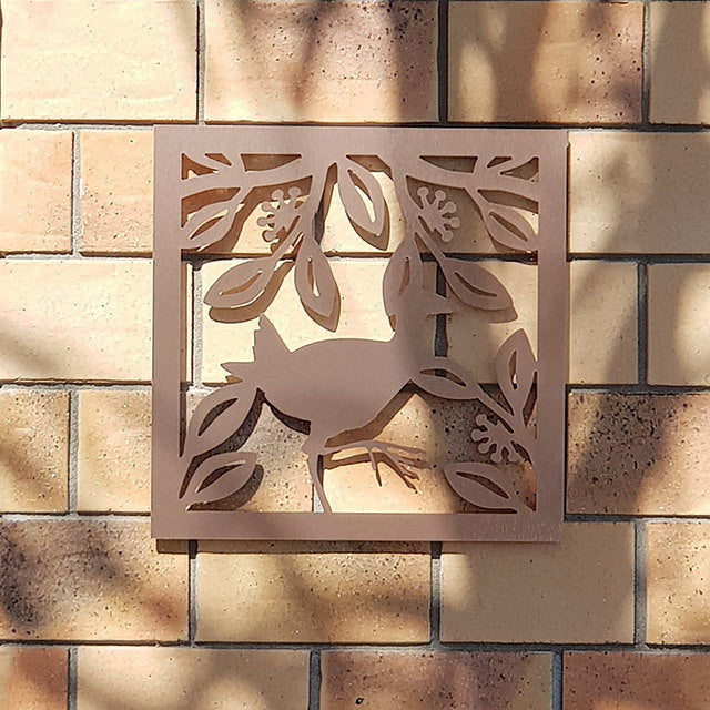 Large square wall art featuring a Fantail bird on brushed copper, perfect for enhancing indoor or outdoor spaces.