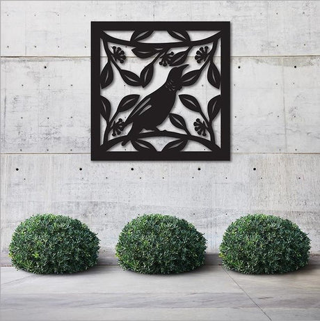 Large square wall art featuring a detailed Tui bird on a black background, perfect for indoor or outdoor spaces.