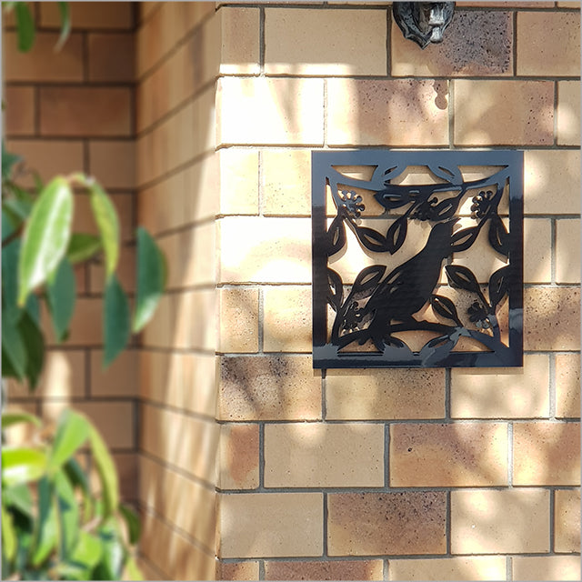 Large square wall art featuring a detailed tui bird on a contemporary black background, ideal for indoor and outdoor decor.