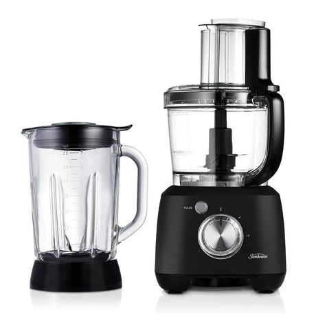 Sunbeam Black Multi Processor with 2L bowl and 1.5L blender, includes various blades for efficient chopping and blending.