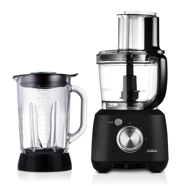 Sunbeam Black Multi Processor with 2L bowl and 1.5L blender, includes various blades for efficient chopping and blending.
