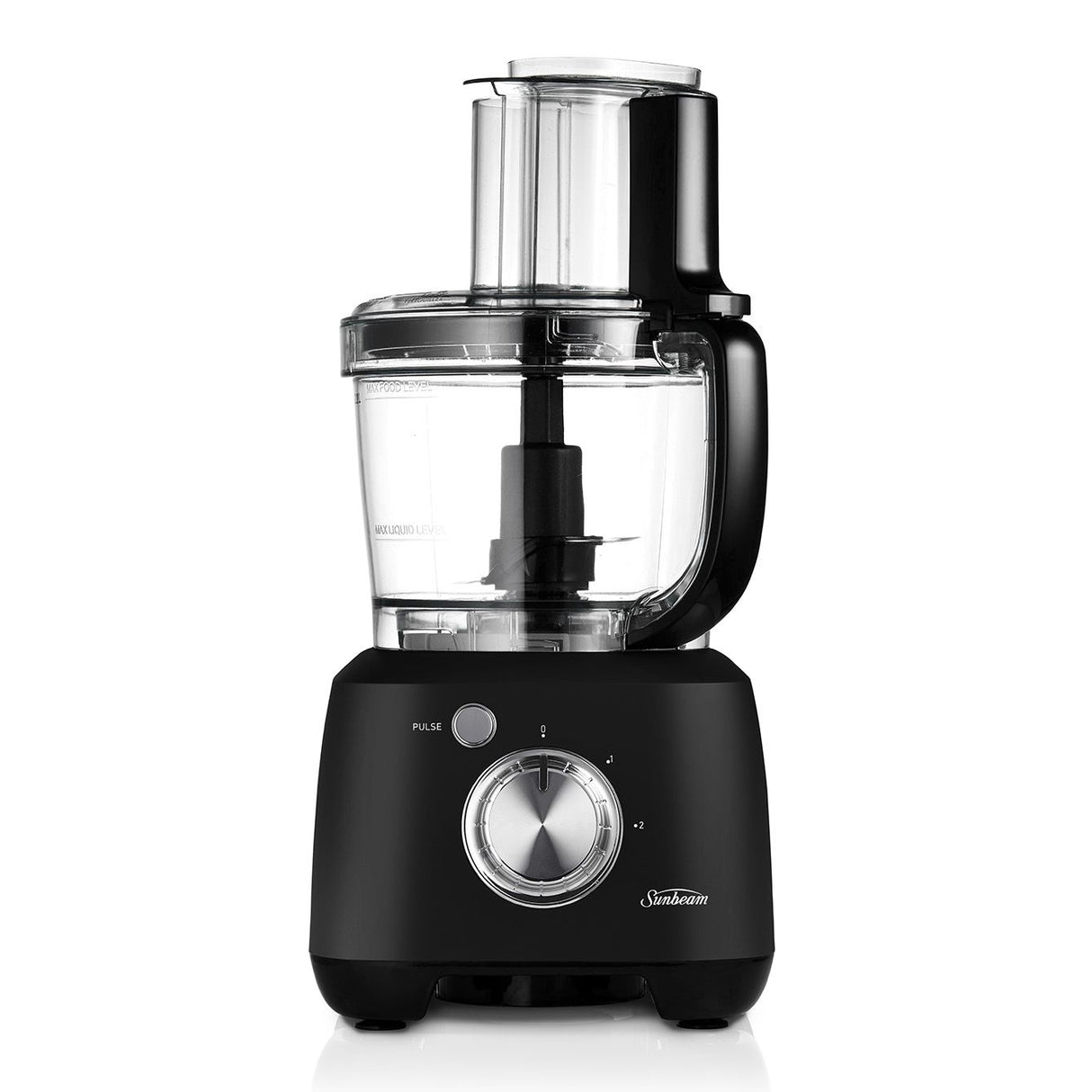 Sunbeam Black Multi Processor with 1.5L glass blender and 2L bowl, includes versatile attachments for chopping and blending.