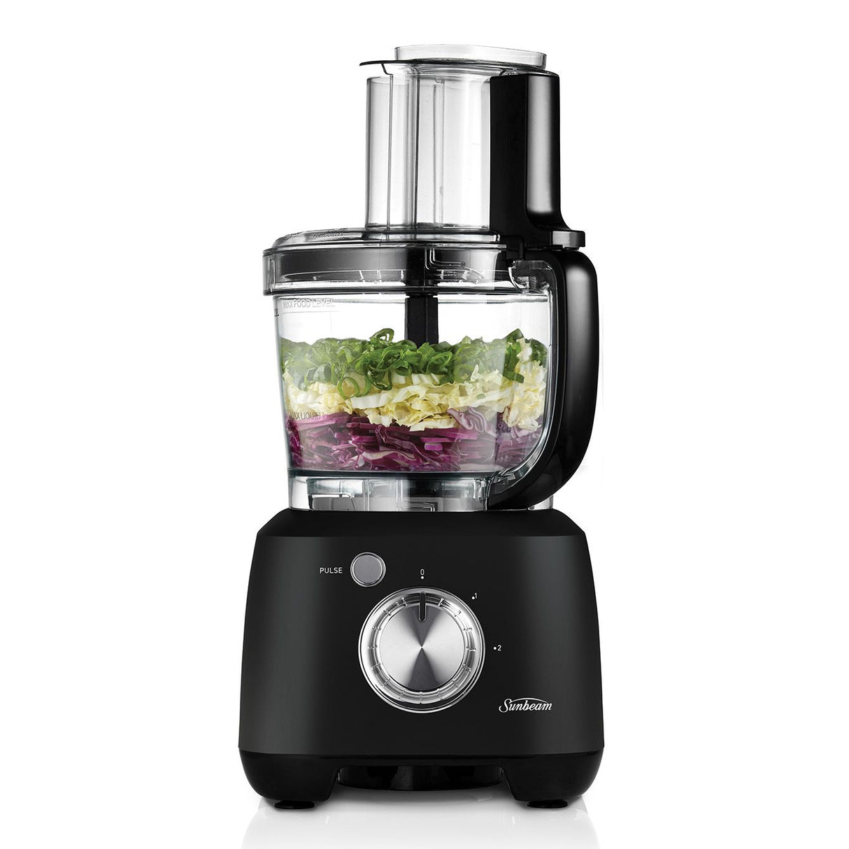 Sunbeam Black Multi Processor with 1.5L blender and 2L bowl, ideal for chopping, grating, and blending effortlessly.