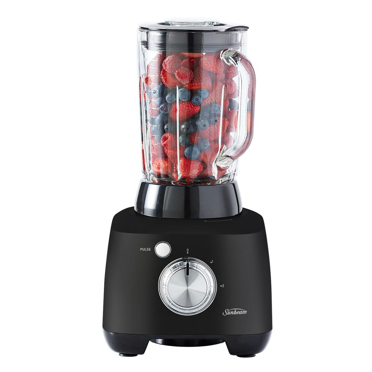 Sunbeam Black Multi Processor with 2L bowl, 1.5L blender, multiple blades, and large feed chute for versatile meal prep.