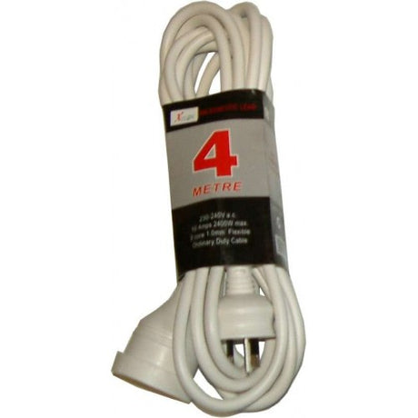 Xlectric 4m Domestic White Extension Lead, safe for home use, with 10AMP capacity for powering multiple devices easily.