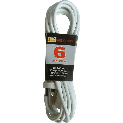 Xlectric 6m Domestic White Extension Lead for home and office, 10AMP, durable and flexible power solution.