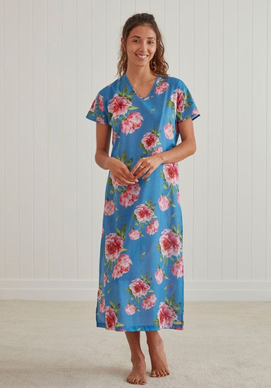 Cleo Long Nightie by Baksana in Small, featuring capped sleeves, side split, and made from soft OEKO-TEX® cotton voile.