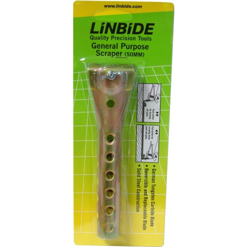 Linbide 50mm scraper with reversible tungsten carbide blade for paint stripping and easy glue removal.